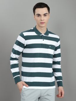 Monte Carlo - Men Regular Fit Stripes Full Sleeve Collar Green Polo T-Shirt