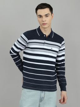 Monte Carlo - Men Regular Fit Stripes Full Sleeve Collar Navy Blue Polo T-Shirt