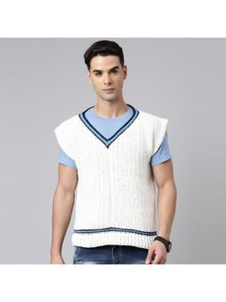 Magic Needles - Handmade Sleeveless Men White Pullover Sweater