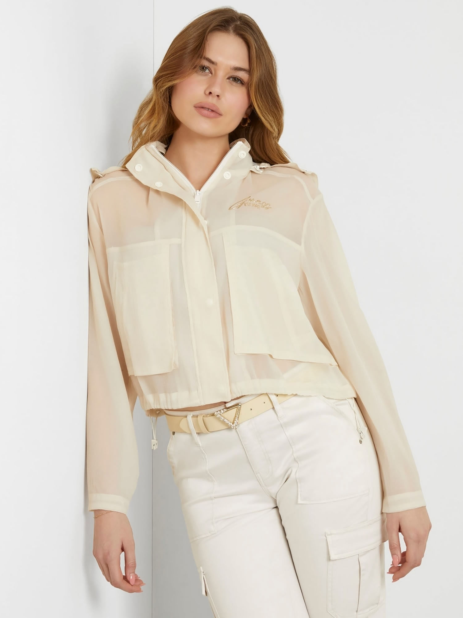 guess Solid Beige Hooded Full Sleeve Mia Organdy Jacket-picture-16