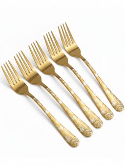 YELONA - Aurum Gold Floral Engraved Design Dinner Forks (Pack of 5)