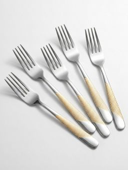 YELONA - Elegant Textured Sterling Silver with Golden Handle Dinner Forks (Pack of 5)