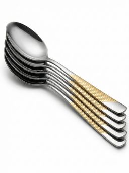 YELONA - Elegant Textured Sterling Silver with Golden Handle Dinner Spoons (Pack of 5)