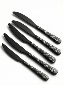 YELONA - Charcoal Black Floral Engraved Design Butter Knives (Pack of 5)