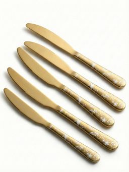 YELONA - Aurum Gold Floral Engraved Design Butter Knives (Pack of 5)