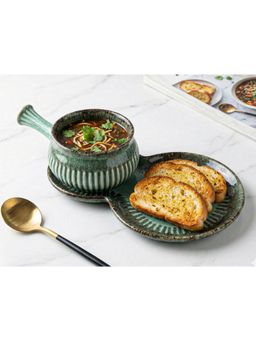 BODHI HOUSE - Turquoise Green Textured Ceramic Soup Bowl with Handle & Matching Snack Plate Set