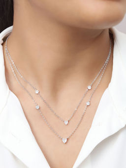 Zavya - Layered Rhodium Plated Sterling Silver Heart Pendant Necklace with Cubic Zirconia