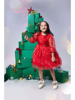 MASTARANG - Organza Dress With Big Flower At Waist And Three Fourth Sleeve