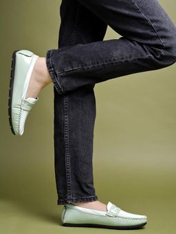 Shoetopia - Women Upper Strip Detailed Green Loafers