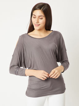 Miss Chase - Women's Grey 3/4 Sleeve Twill Tape Boxy Cold Shoulder Ruching Top