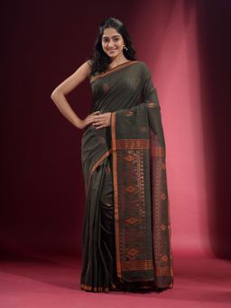 CHARUKRITI - Green with Zari Motif and Pattern Saree with Unstitched Blouse