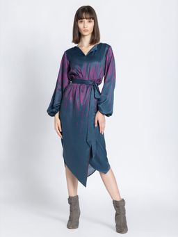 SHAYE - V-Neck Blue Lines Print Long Sleeves Party Dress for Women with Belt