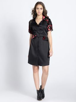 SHAYE - Notch Lapel Collar Black Printed Party Shirt Dress for Women