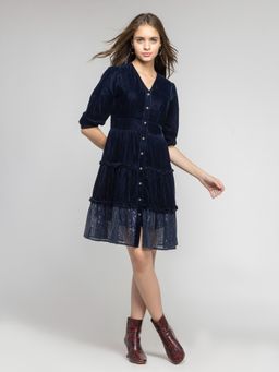 SHAYE - V-Neck Blue Sequinned Three-Quarter Sleeves Party Dress for Women