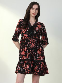 SHOWOFF - Women'S Floral Black A-Line Dress