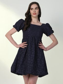SHOWOFF - Women'S Solid Navy Blue Fit and Flare Dress with Bag
