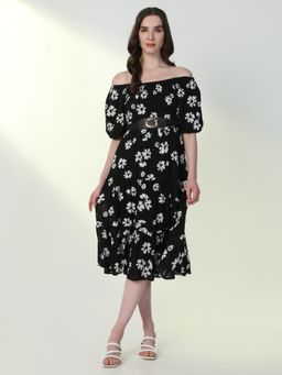 SHOWOFF - Women'S Floral Black Fit and Flare Dress with Belt