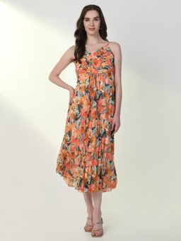 SHOWOFF - Women'S Floral Orange Fit and Flare Dress
