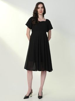 SHOWOFF - Women'S Solid Black Fit and Flare Dress