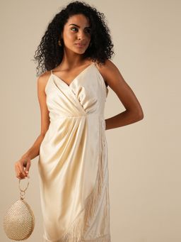 Globus - Women White Pleated Fringed Cream Hem Bodycon Party Dress