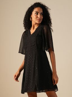 Globus - Women Black V-Neck Self Design Lace Inserts Mini A-Line Party Dress