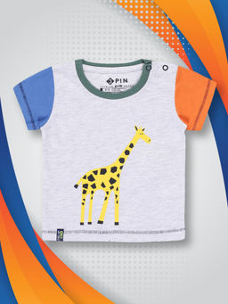 3PIN - Infant Grey Melange Cotton Giraffe Print Round Neck T-Shirt