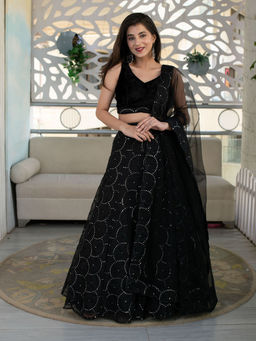 Label Shaurya Sanadhya - Black Organza Lehenga with Velvet Blouse (Set of 3)
