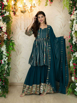 Label Shaurya Sanadhya - Teal Blue Peplum Kurta with Sharara (Set of 3)