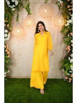 Label Shaurya Sanadhya - Yellow Mirror Work Organza Kurta with Palazzo (Set of 2)