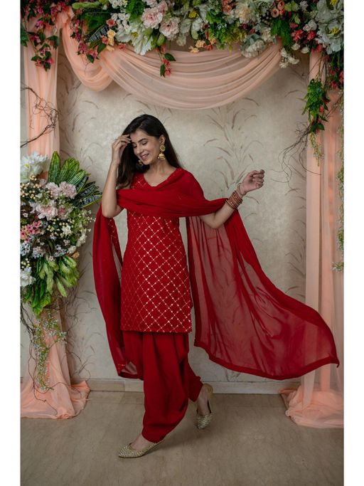 open lace back dress Red Embroidered Georgette Patiala Suit main image 1