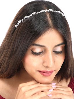 Yellow Chimes - Women Silver Plated White Crystal Studded Floral Tiara