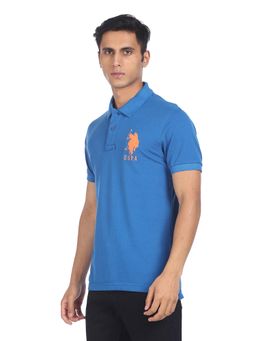 U.S. POLO ASSN. - Men Blue Ribbed Collar Solid Polo T-shirt