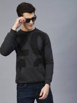 RIGO - Men Charcoal Printed Round Neck Fleece Sweatshirt