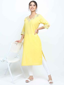 VISHUDH - Yellow Floral Regular Kurta