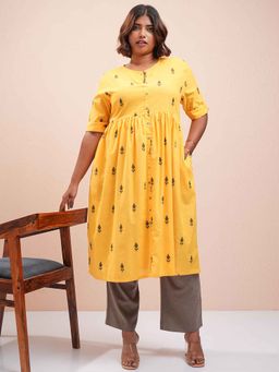 VISHUDH - Yellow Printed A-Line Kurta