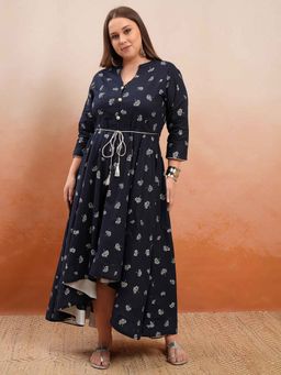 VISHUDH - Navy Blue Printed Asymmetrical Kurta