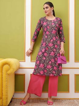 VISHUDH - Wine Floral Regular Kurta