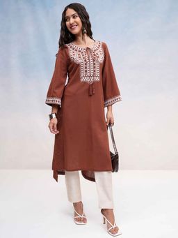 VISHUDH - Brown Embroidered Regular Kurta