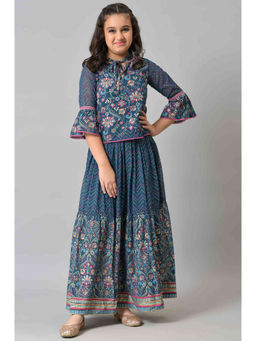 Aurelia - Girls Indigo Blue Printed Top with Tiered Skirt (Set of 2)