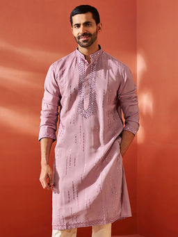 Vastramay - Mens Chanderi Silk Kurta with Mirror, Sequined, and Embroidered Detailing
