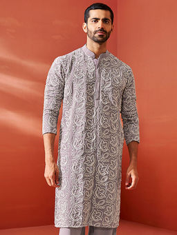 Vastramay - Lavender Mens Elegant Georgette Kurta with Floral Embroidery