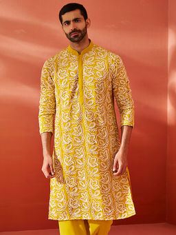 Vastramay - Yellow Mens Elegant Georgette Kurta with Floral Embroidery