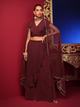 Indya - X Ashish Soni Maroon Mesh Pearl Lace Dupatta
