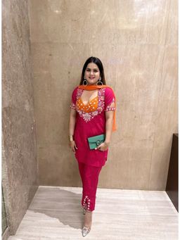 Glamique by Gungun - Women Pink High Low Kurti with Pant and Dupatta (Set of 3)