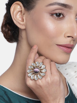 Estele - Gold Plated Floral Polki Designer Kundan Ring for Women