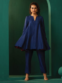 trueBrowns - Navy Blue Silk Flared Co-Ord (Set of 2)