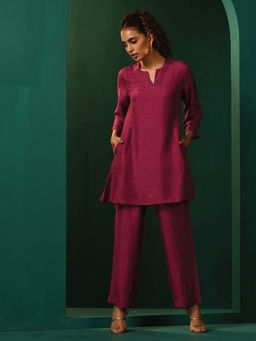 trueBrowns - Maroon Silk Relaxed Co-ord Set (Set of 2)