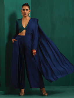trueBrowns - Blue Silk Ready To Wear Palazzo Saree