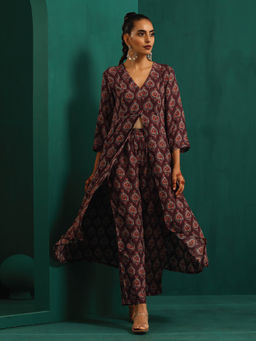 trueBrowns - Deep Purple Paan Muslin Silk Printed Front Slit Kurta Pant (Set of 2)