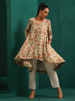 trueBrowns - Off White Floral Jaal Muslin Silk Printed High Low Co-Ord (Set of 2)